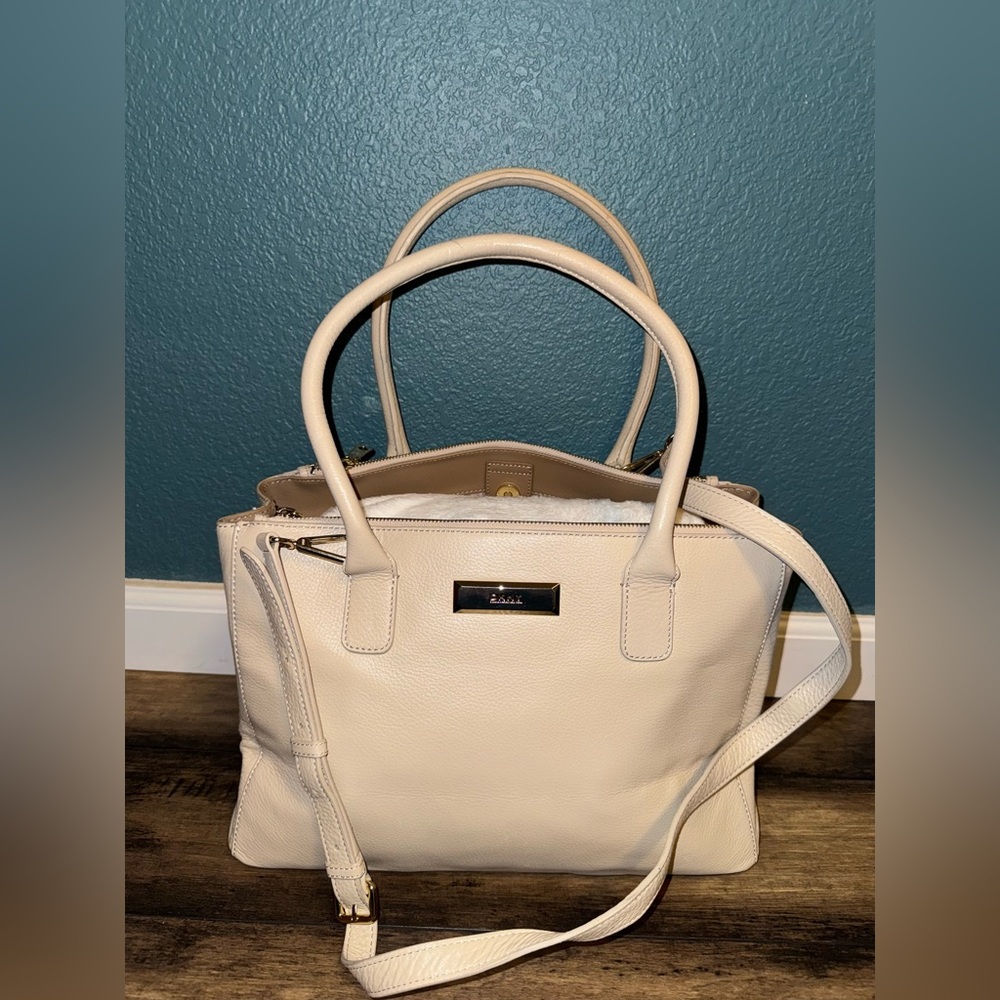DKNY Leather Triple-Compartment Satchel – Cream/Beige